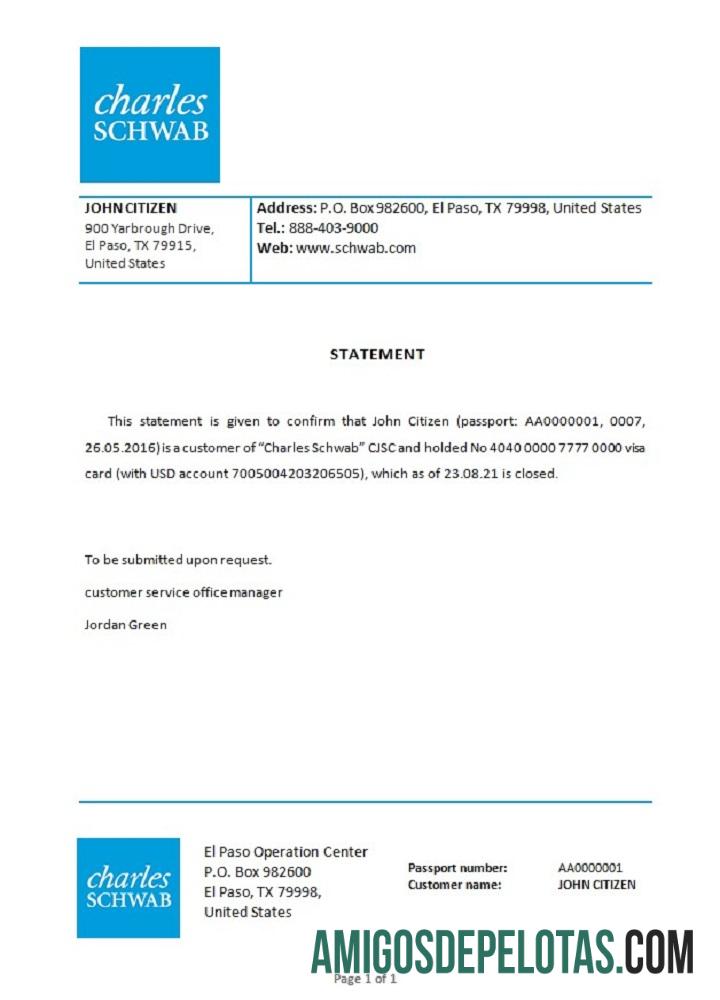 Referência de fechamento Charles Schwab dos EUA exemplo